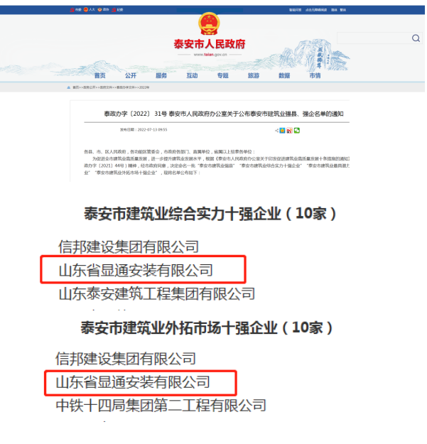 公司榮獲“泰安市建筑業(yè)綜合實(shí)力十強(qiáng)企業(yè)”、“泰安市建筑業(yè)外拓市場(chǎng)十強(qiáng)企業(yè)”稱號(hào)